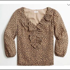 J. Crew Factory Camel Tan Spotted Print Ruffle Front Blouse Size L